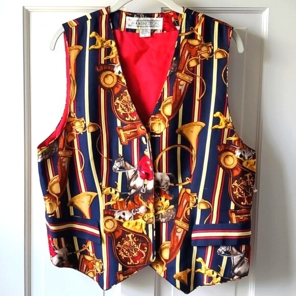VINTAGE 80s STARINGTON SILK VEST EQUESTRIAN HORSE DOGS HUNT MEET WOMEN SIZE 12 - Picture 1 of 10